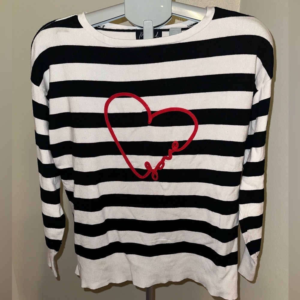 Marled by Reunited Black & White Striped Sweater Red Heart “Love”